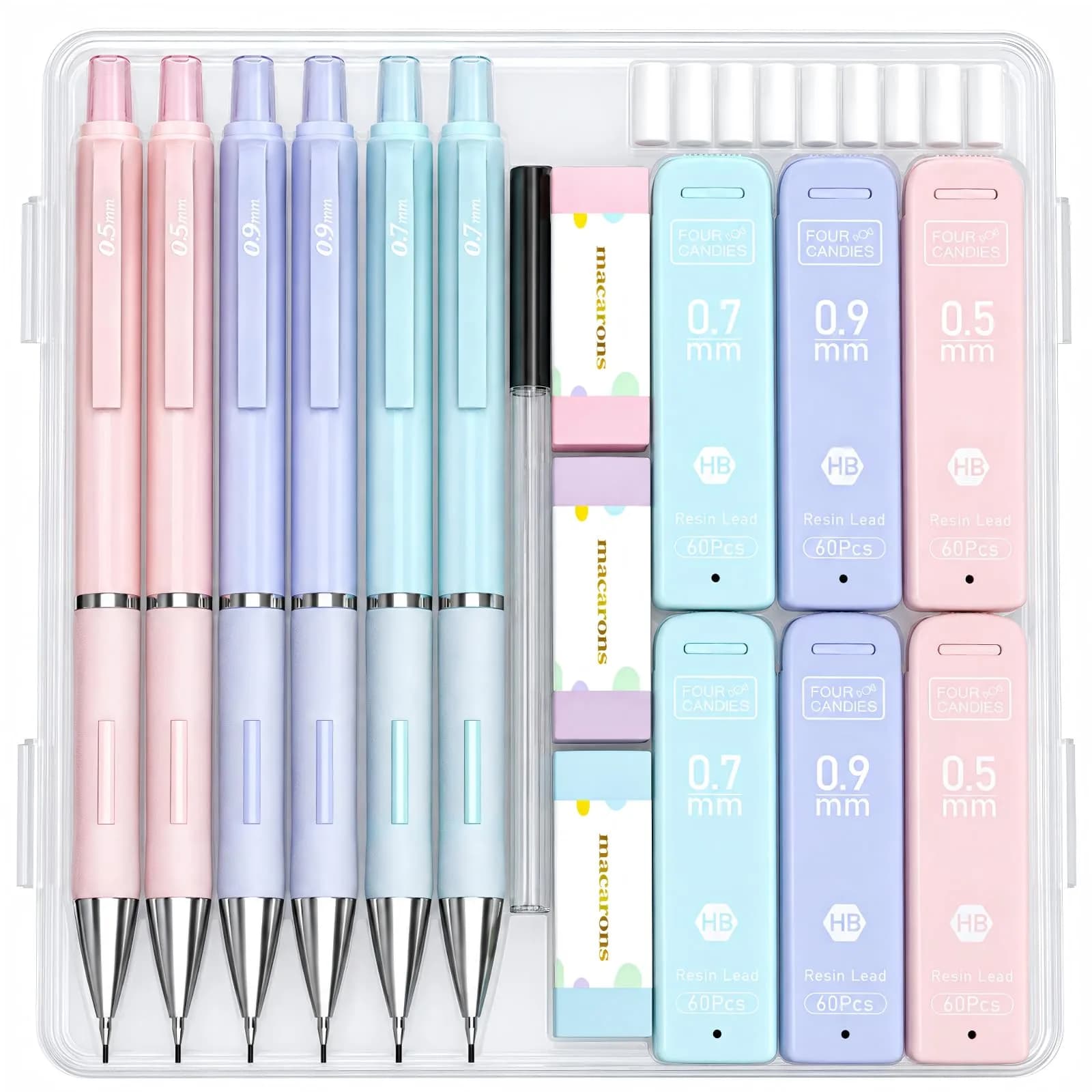 Four Candies Pastel Mechanical Pencil Set 0.7mm | Bulk Pack with 360 Leads & Erasers — 0.5mm+0.7mm+0.9mm