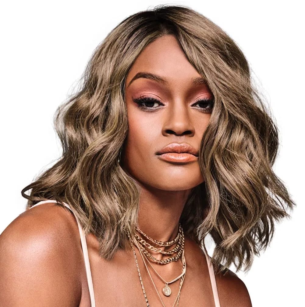 Hair u wear Kim Kimble Jordan Shoulder-Length Wavy Lob Wig with Beachy Texture, Average Cap, MC9/14SS Caramel Latte - main product image