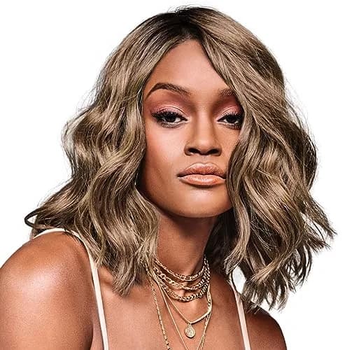 Hair u wear Kim Kimble Jordan Shoulder-Length Wavy Lob Wig with Beachy Texture, Average Cap, MC9/14SS Caramel Latte thumbnail 1