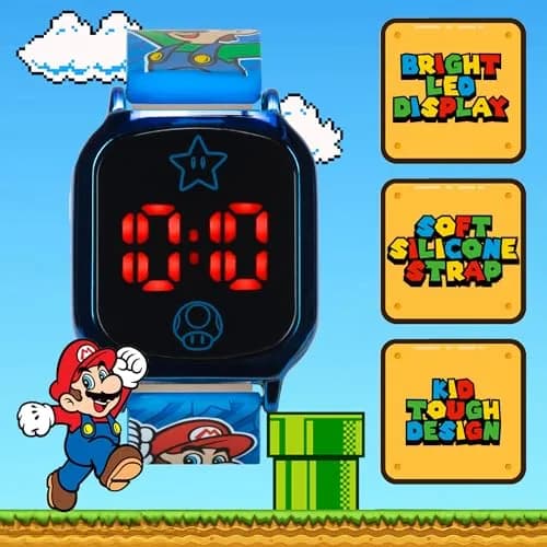 Accutime Super Mario Kids Digital Watch 20mm Blue Silicone Strap | Touch-Activated LED, Fun Mario & Luigi Design thumbnail 2