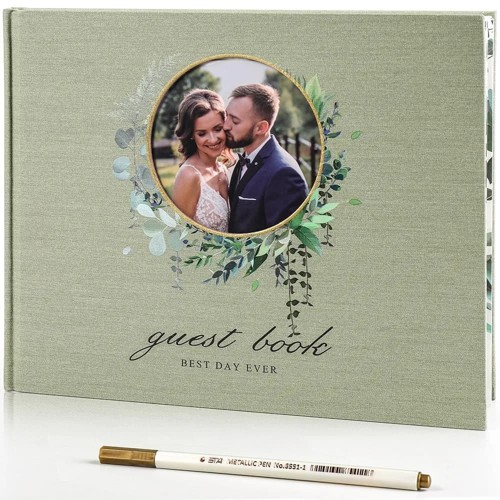 molekaus Wedding Guest Book Hardcover 8" x 10" (20.3 x 25.4 cm) with Photo Frame & 100 Pages | Linen Cover, Ivory Paper — Light Green
