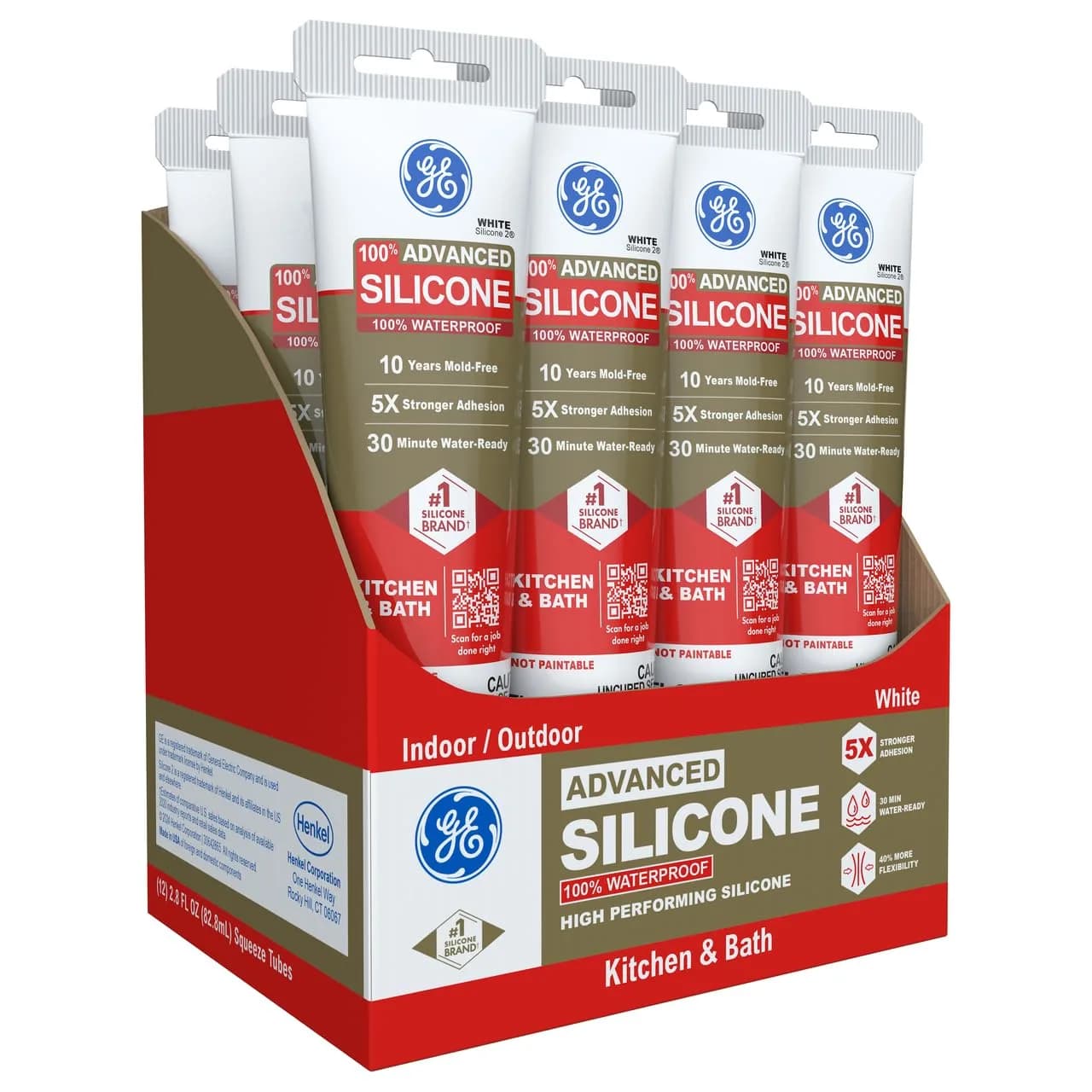 GE Advanced Silicone Caulk for Kitchen & Bathroom, White, 2.8 fl oz (79 ml) Tube, 12 Pack | 100% Waterproof Sealant