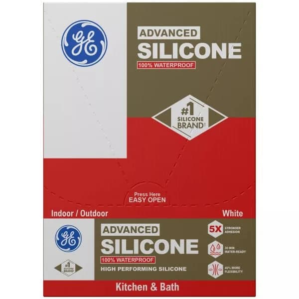 GE Advanced Silicone Caulk for Kitchen & Bathroom, White, 2.8 fl oz (79 ml) Tube, 12 Pack | 100% Waterproof Sealant thumbnail 2