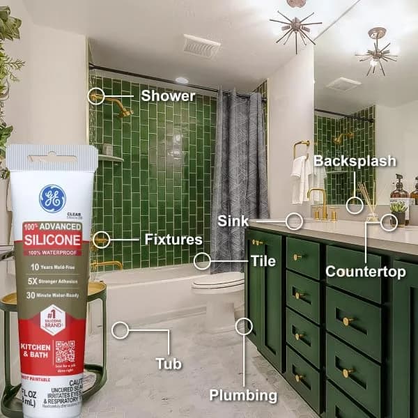 GE Advanced Silicone Caulk for Kitchen & Bathroom, Clear, 2.8 fl oz (83 ml) Tube, 12 Pack | 100% Waterproof Silicone Sealant thumbnail 10
