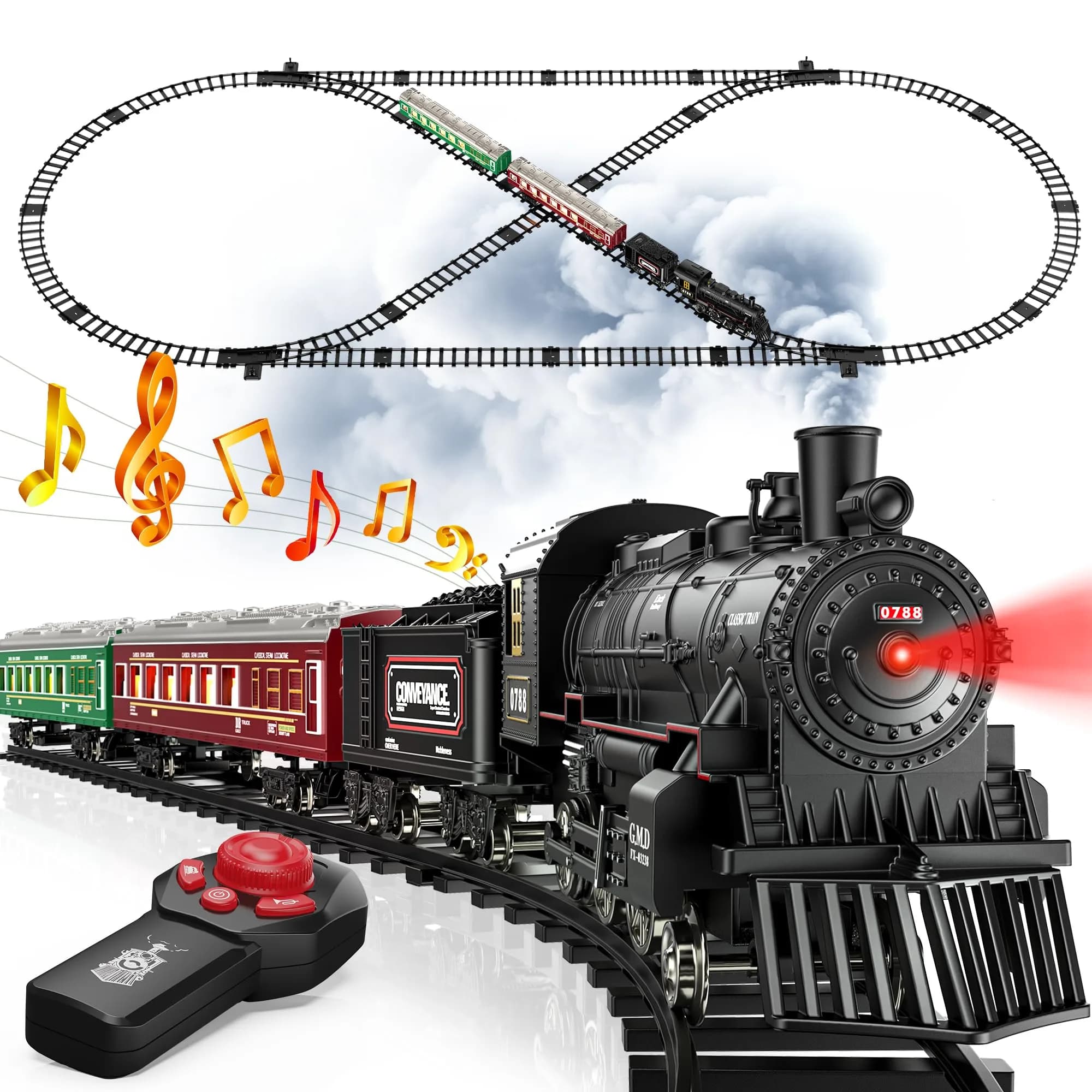 Hot Bee Remote Control Train Set with Smoke, Lights & Sound | Alloy Locomotive & Carriages, 14+ Track Pieces - main product image