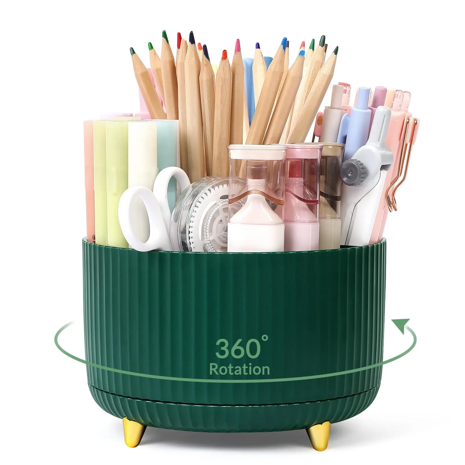 SKYDUE 360 Degree Rotating Desk Organizer with 5 Slots, Dark Green | Dual-Purpose Pencil Pen Holder for Office, School, Home