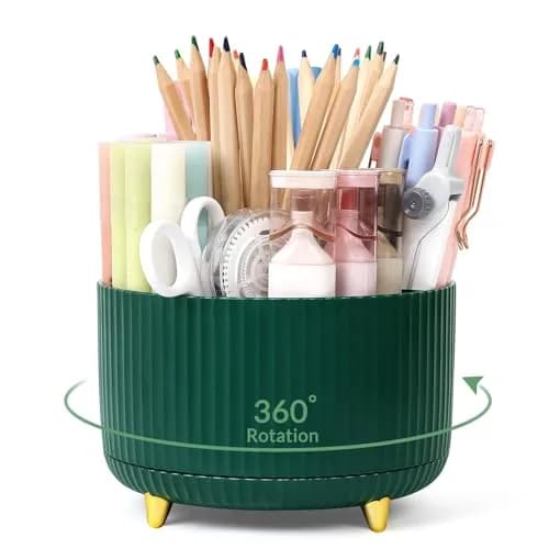 SKYDUE 360 Degree Rotating Desk Organizer with 5 Slots, Dark Green | Dual-Purpose Pencil Pen Holder for Office, School, Home thumbnail 1
