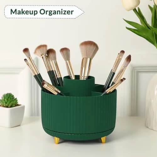 SKYDUE 360 Degree Rotating Desk Organizer with 5 Slots, Dark Green | Dual-Purpose Pencil Pen Holder for Office, School, Home thumbnail 4