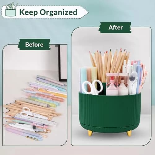 SKYDUE 360 Degree Rotating Desk Organizer with 5 Slots, Dark Green | Dual-Purpose Pencil Pen Holder for Office, School, Home thumbnail 7