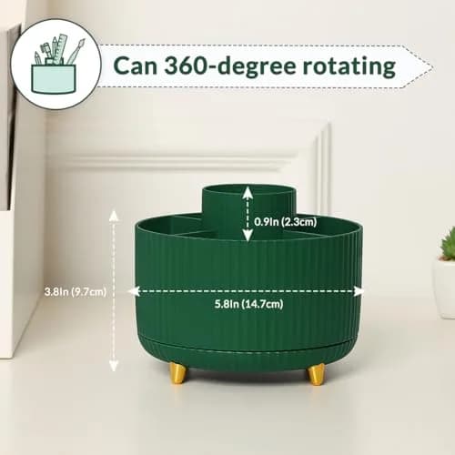 SKYDUE 360 Degree Rotating Desk Organizer with 5 Slots, Dark Green | Dual-Purpose Pencil Pen Holder for Office, School, Home thumbnail 2