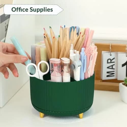 SKYDUE 360 Degree Rotating Desk Organizer with 5 Slots, Dark Green | Dual-Purpose Pencil Pen Holder for Office, School, Home thumbnail 3