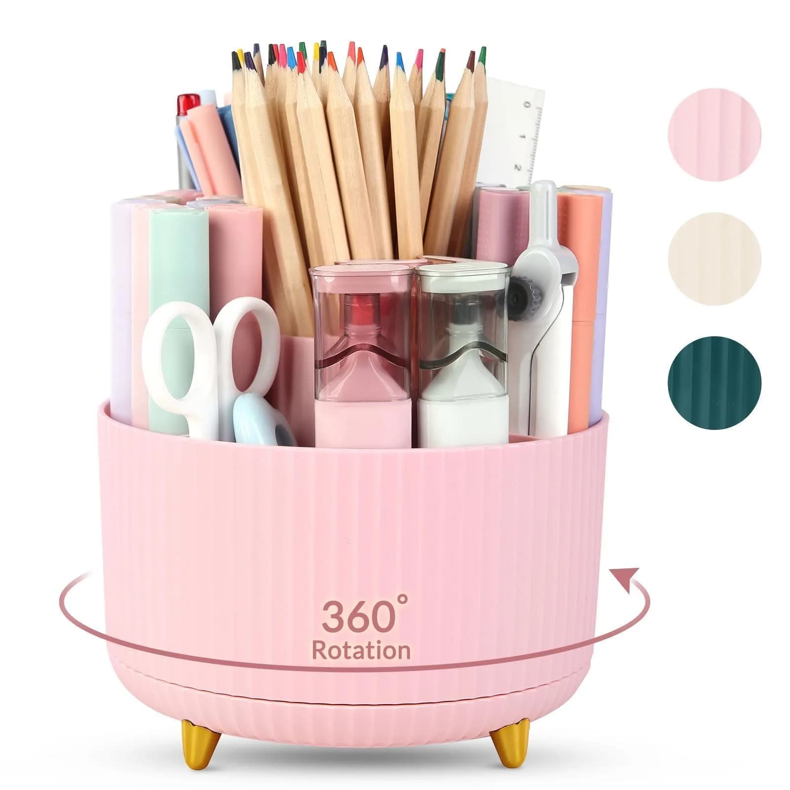SKYDUE 360 Rotating Pen Holder 14.7cm (5.8 Inches) | Cute Pink Organizer with 5 Slots for Art Supplies, Office, School