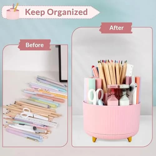 SKYDUE 360 Rotating Pen Holder 14.7cm (5.8 Inches) | Cute Pink Organizer with 5 Slots for Art Supplies, Office, School thumbnail 5