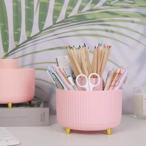 SKYDUE 360 Rotating Pen Holder 14.7cm (5.8 Inches) | Cute Pink Organizer with 5 Slots for Art Supplies, Office, School thumbnail 2