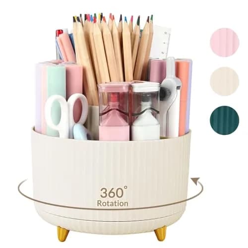 SKYDUE Rotating Desk Pen Organizer with 5 Slots, Beige 1 Pack 290g (10.2 oz) | Dual-Purpose Art Supply Pencil Cup for Office, School, Home thumbnail 1