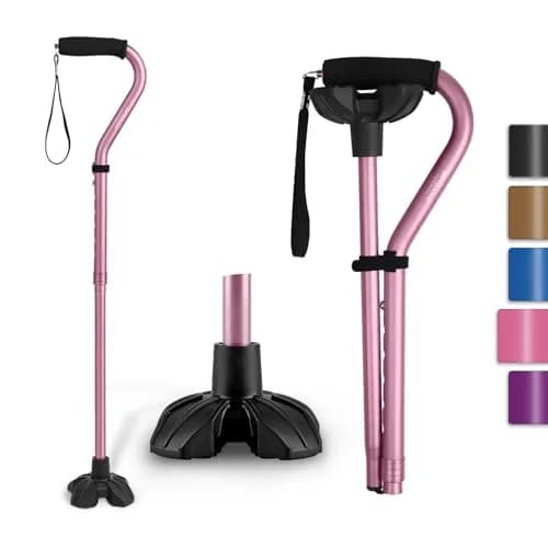GPTCAMP Quad Base Walking Cane Pink | 79-92cm (31"-36") Adjustable Offset Stick with EVA Grip thumbnail 1