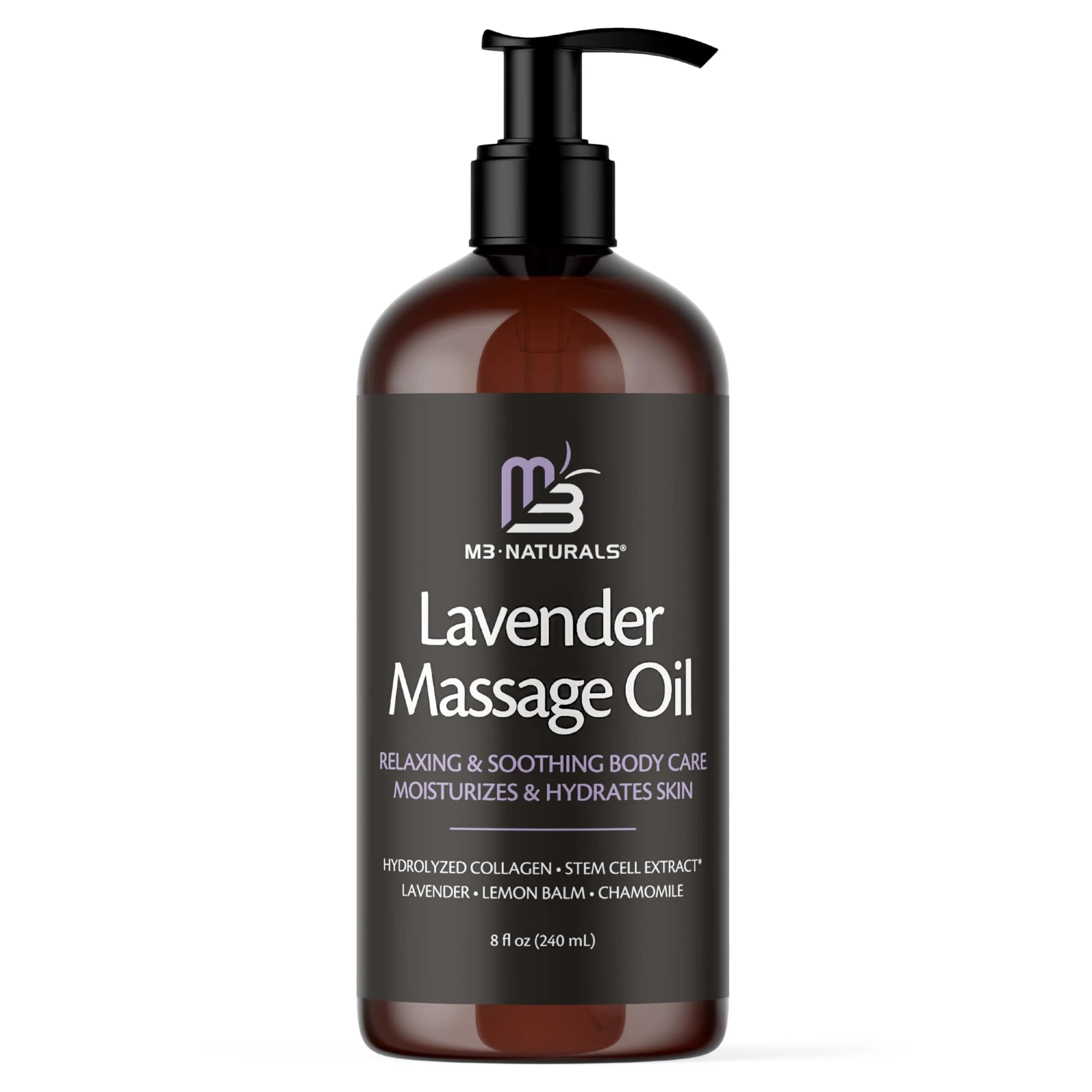 M3 Naturals Lavender Sensual Massage Oil 242ml (8 fl oz) | Calms Mind & Body with Collagen & Stem Cells - main product image