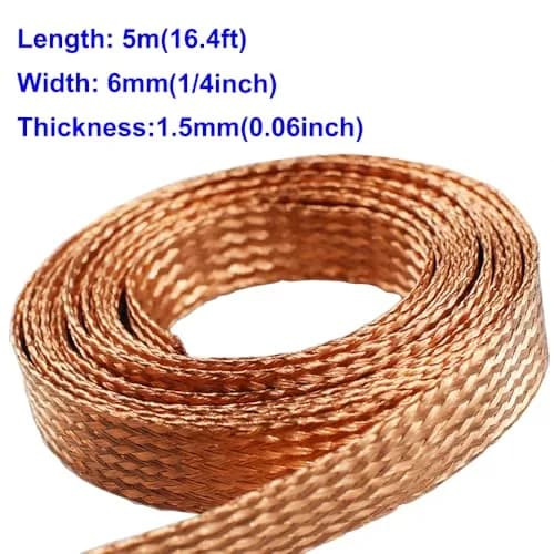 Euogeudel Flat Copper Braid Cable 6mm x 1.5mm (5m / 16.4ft) | Flexible Grounding Strap Wire thumbnail 2