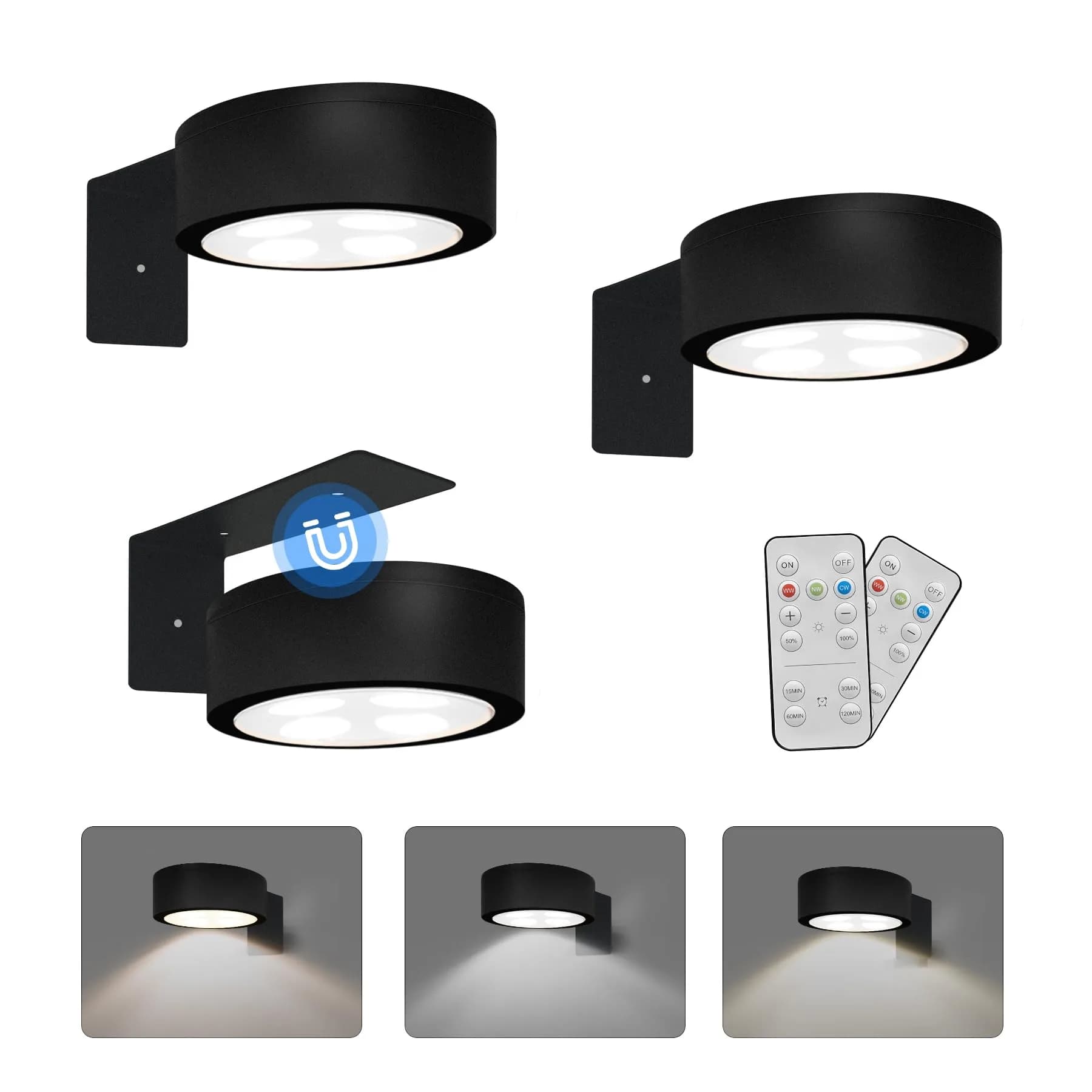 Xuolder Battery Operated Picture Lights 3-Pack | Magnetic LED Puck Lights with Remote & Timer