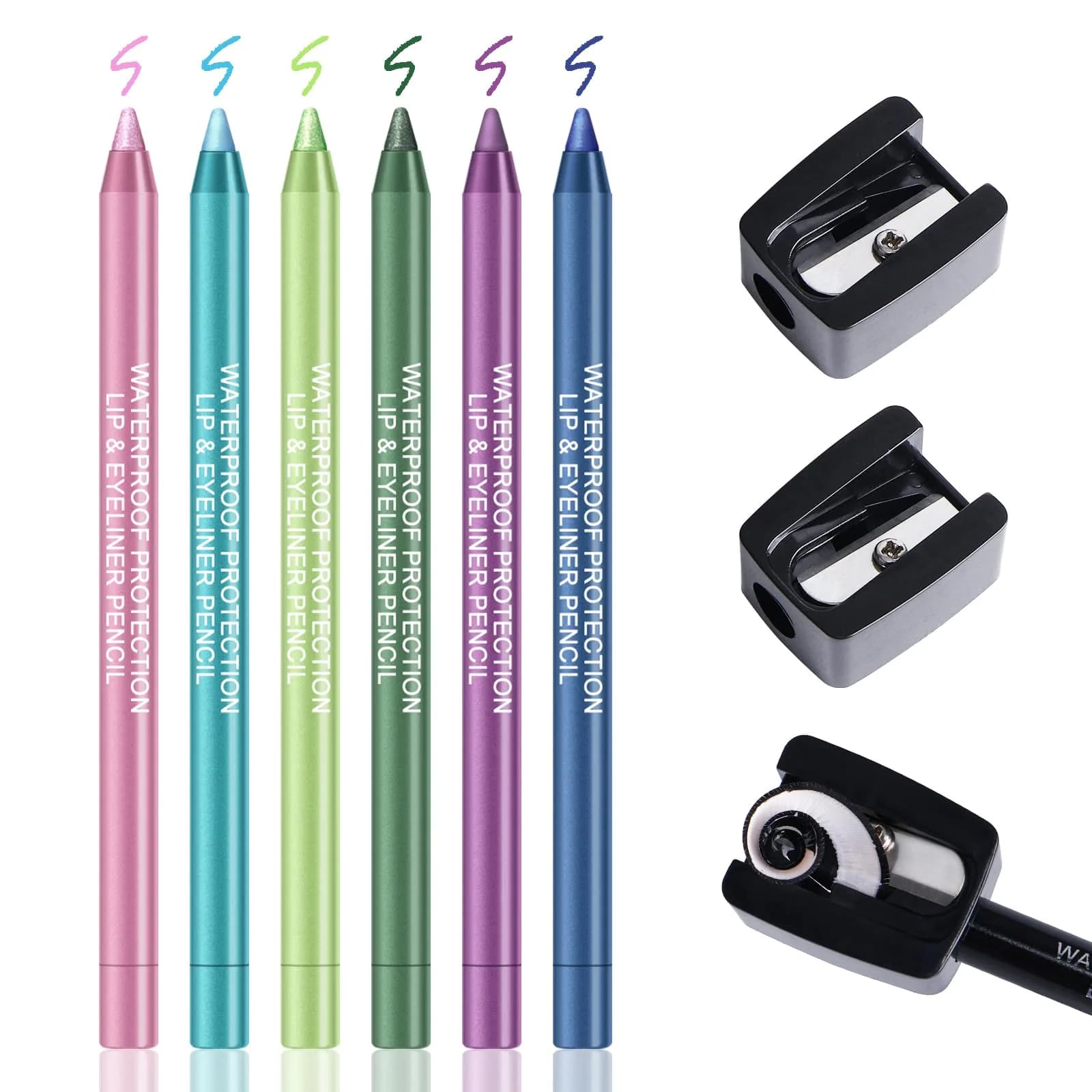 Ownest 14 Colors Eyeliner Pen Set | Pearl Metallic Glitter Eye Liner for Women, Waterline Pencil with Sharpener — 6 Colors, Set B