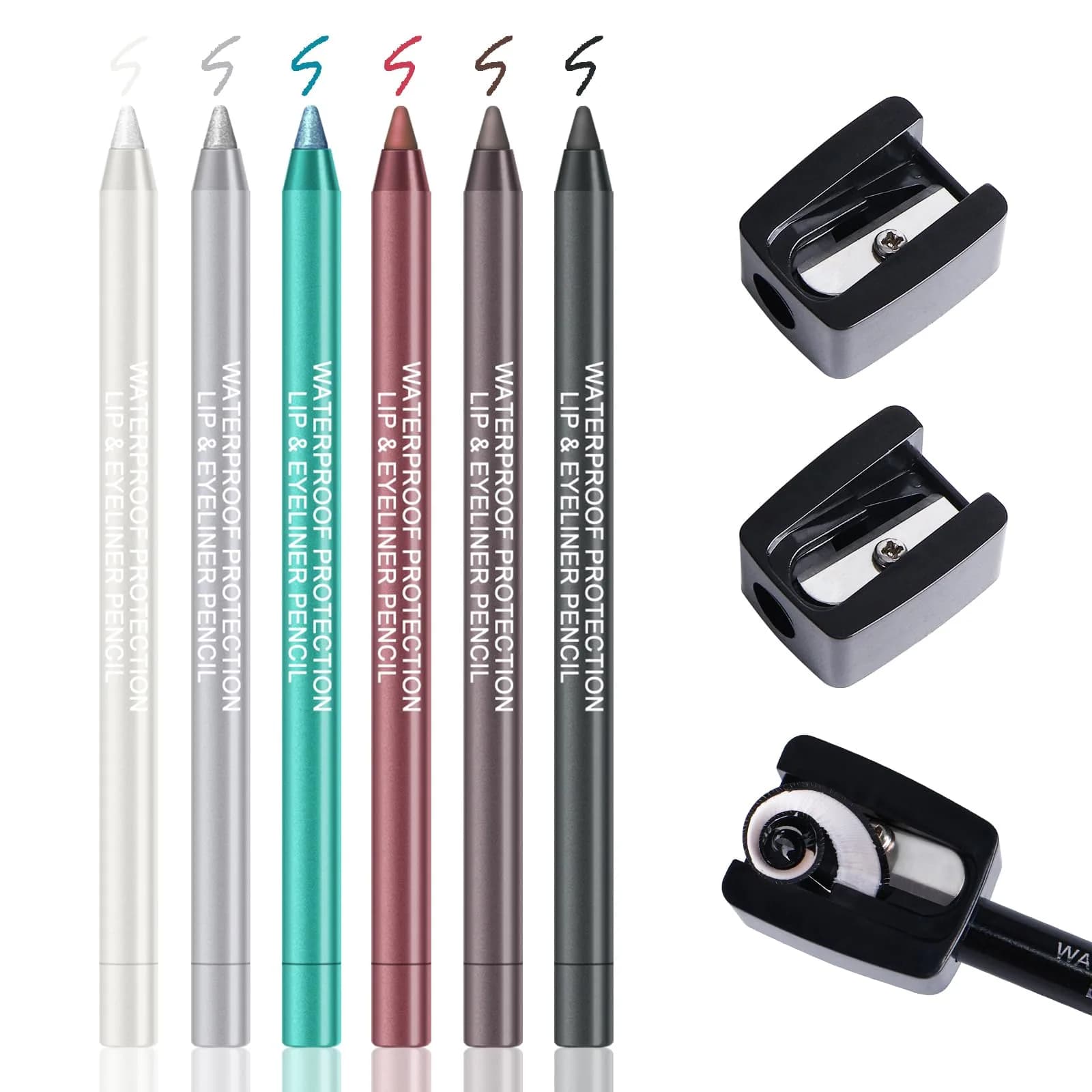 Ownest 14 Colors Eyeliner Pen Set | Pearl Metallic Glitter Eye Liner for Women, Waterline Pencil with Sharpener — 6 Colors, Set A