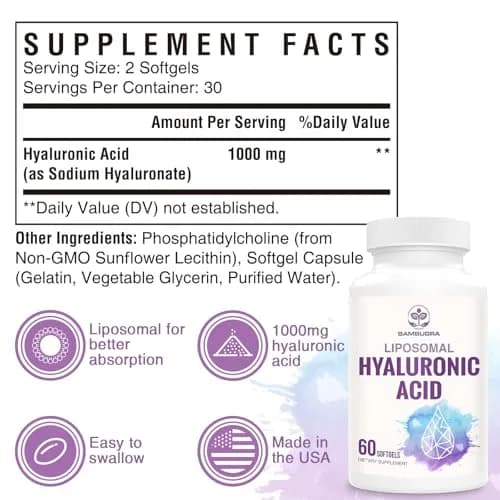 Sambugra Liposomal Hyaluronic Acid 1000mg | Supports Skin & Bones, 180 Capsules (Pack of 3) thumbnail 2