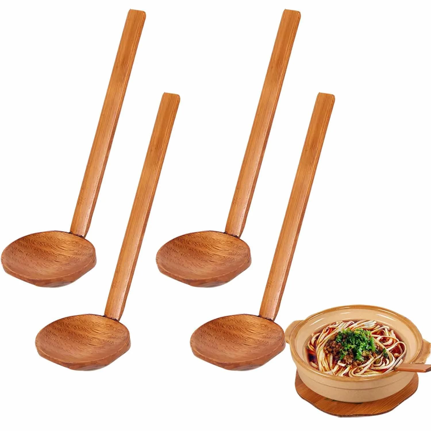 Auswalar Japanese Wooden Ramen Spoons with Long Handle, 22 cm (8.66 in) - Set of 4