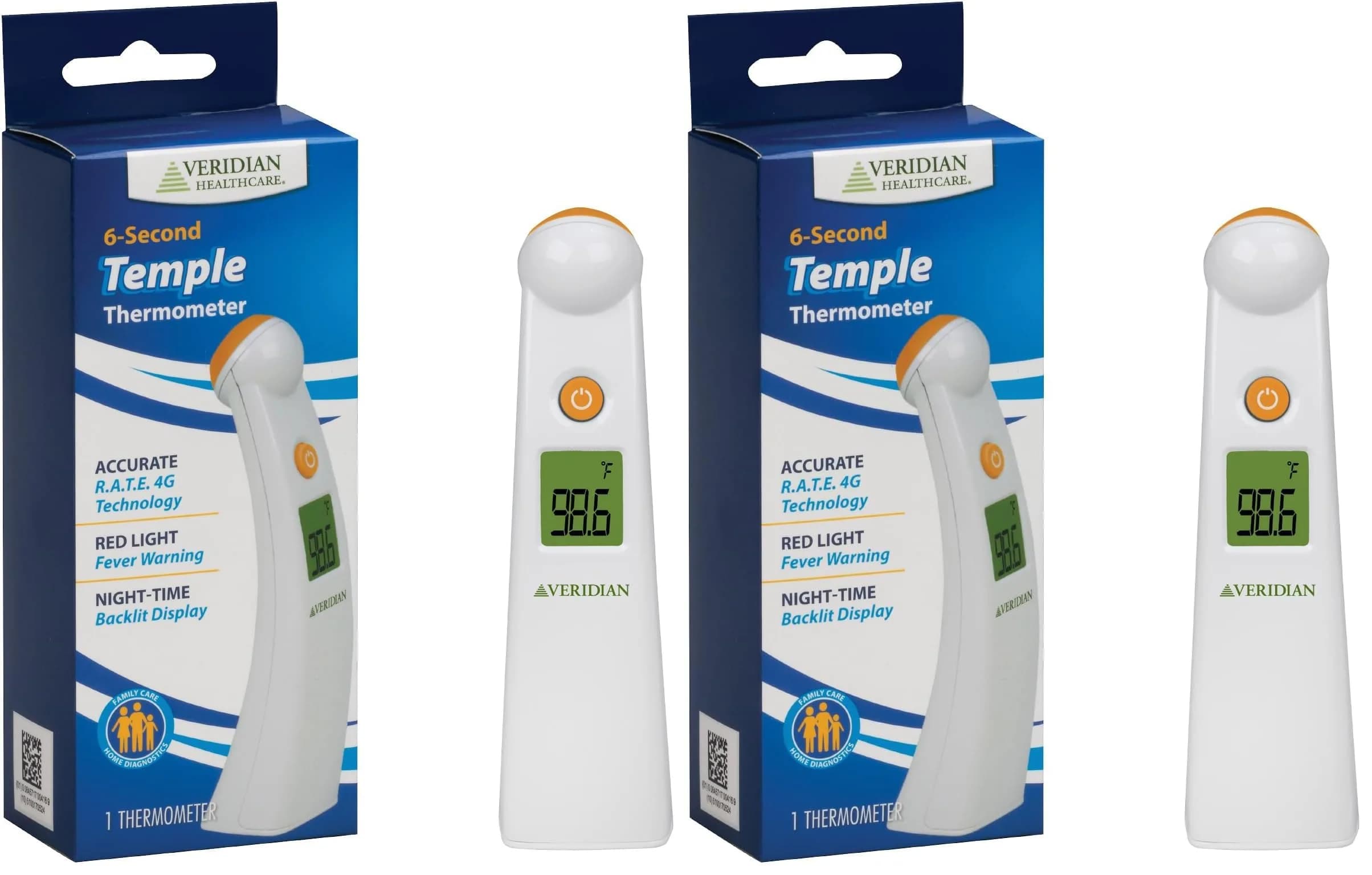 Veridian Healthcare Temple Thermometer | Infrared Measurements | Fast 6-Second Readout | Fever Alert | Backlit Display | Programmable Timer | 1-Year Warranty (Pack of 2) - main product image