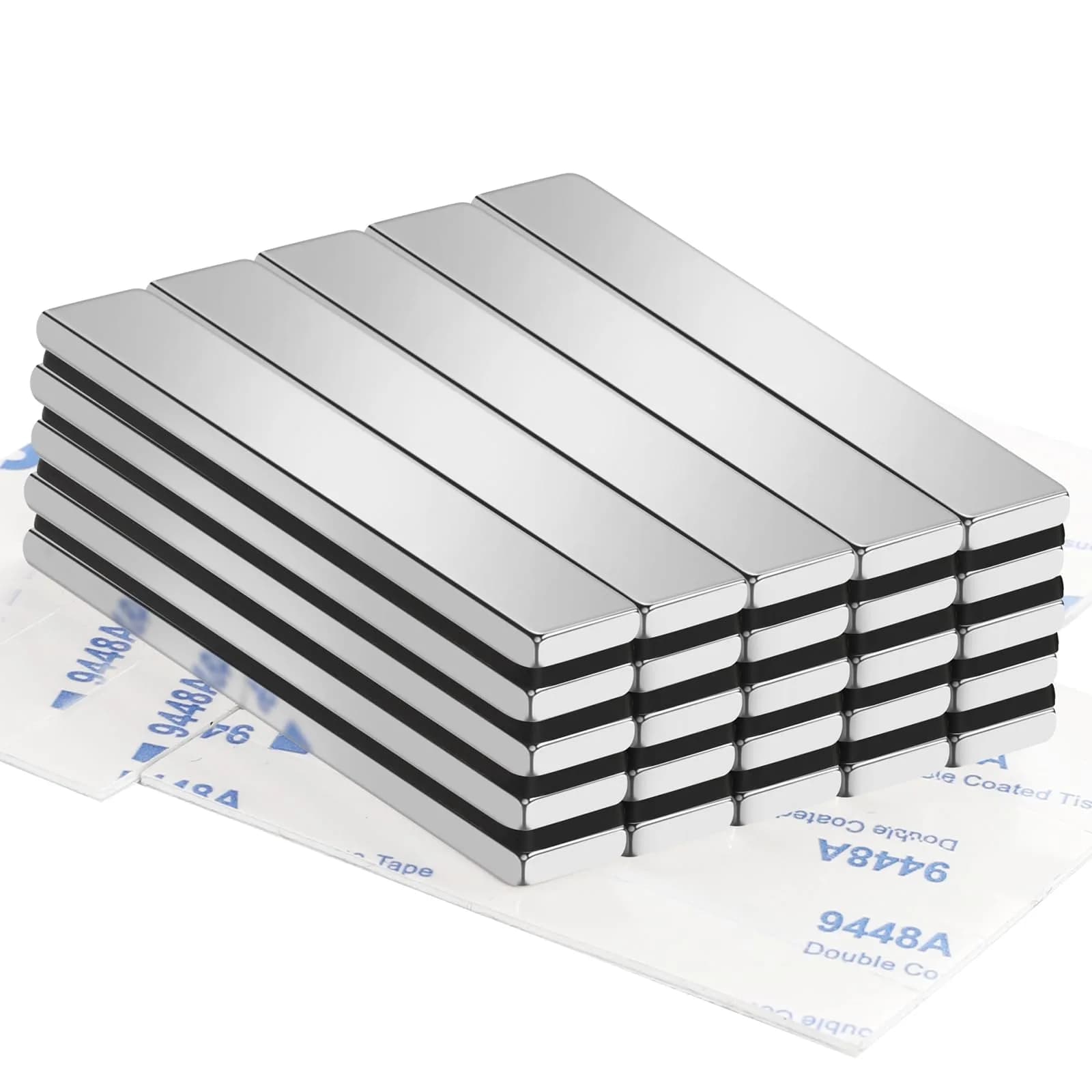 TRYMAG Strong Neodymium Bar Magnets with Adhesive Backing, 40x10x5 mm (25 Pack) | N42 Grade for Heavy Duty Use — Silver / 60x10x3mm