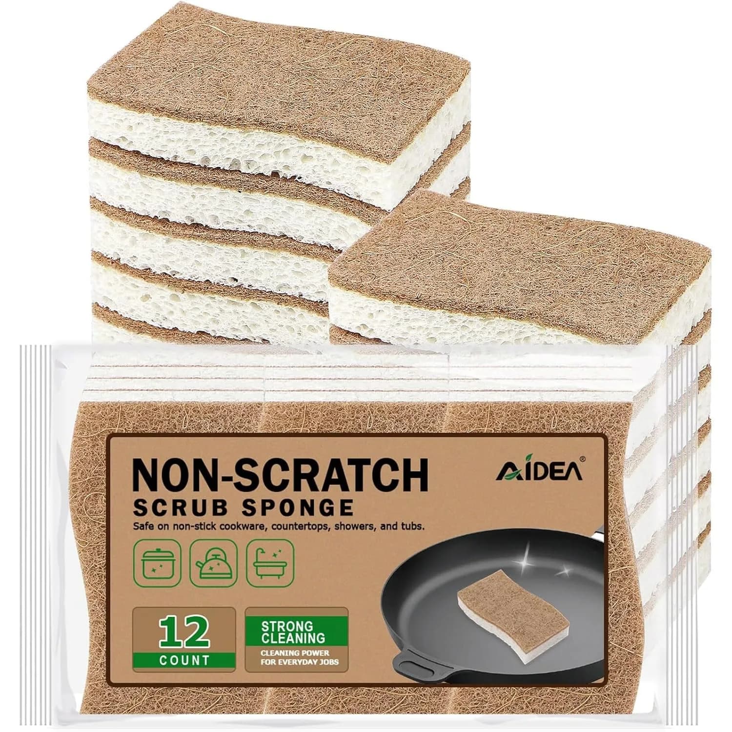 AIDEA Natural Cellulose & Sisal Sponges 12-Pack | Gentle, Non-Scratch Cleaning for Cookware & Surfaces