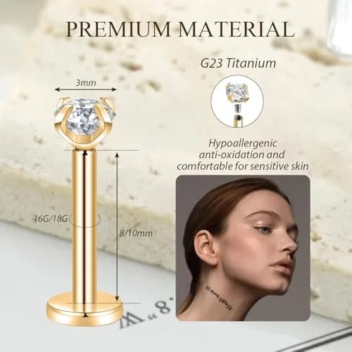 GAGABODY Labret Studs 16g G23 Titanium Lip Piercing Jewelry CZ Internally Threaded Earrings Gold Tragus Earrings 6mm Helix Stud Cartilage Piercing thumbnail 5