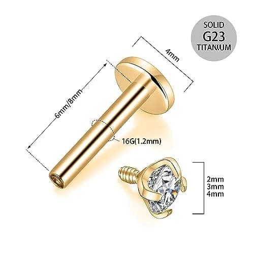 GAGABODY Labret Studs 16g G23 Titanium Lip Piercing Jewelry CZ Internally Threaded Earrings Gold Tragus Earrings 6mm Helix Stud Cartilage Piercing thumbnail 8
