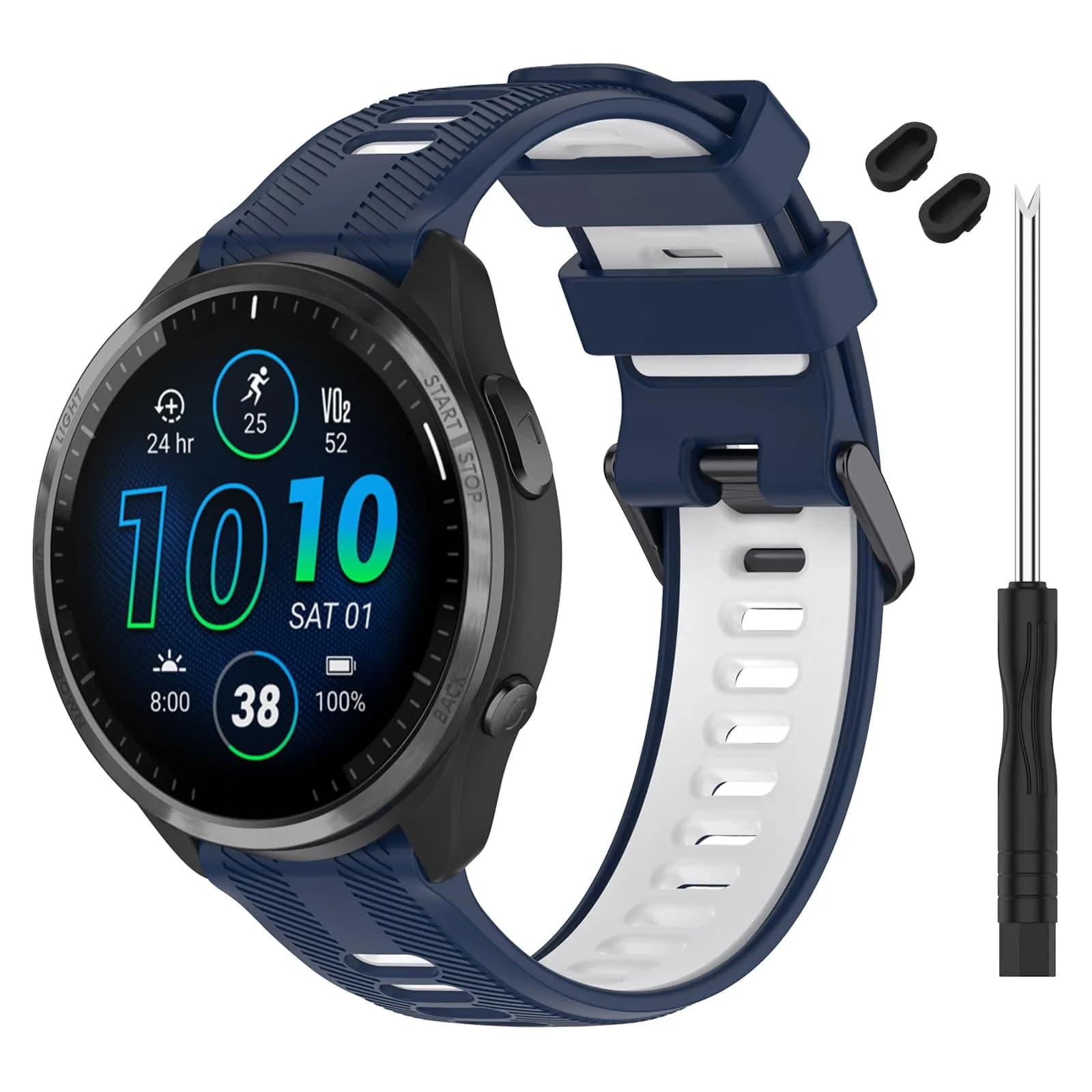 TopPerfekt Silicone Watch Band Compatible with Garmin Forerunner 965/955/935/Fenix 7/6/5 Series 22mm | Breathable & Lightweight — Navy - White
