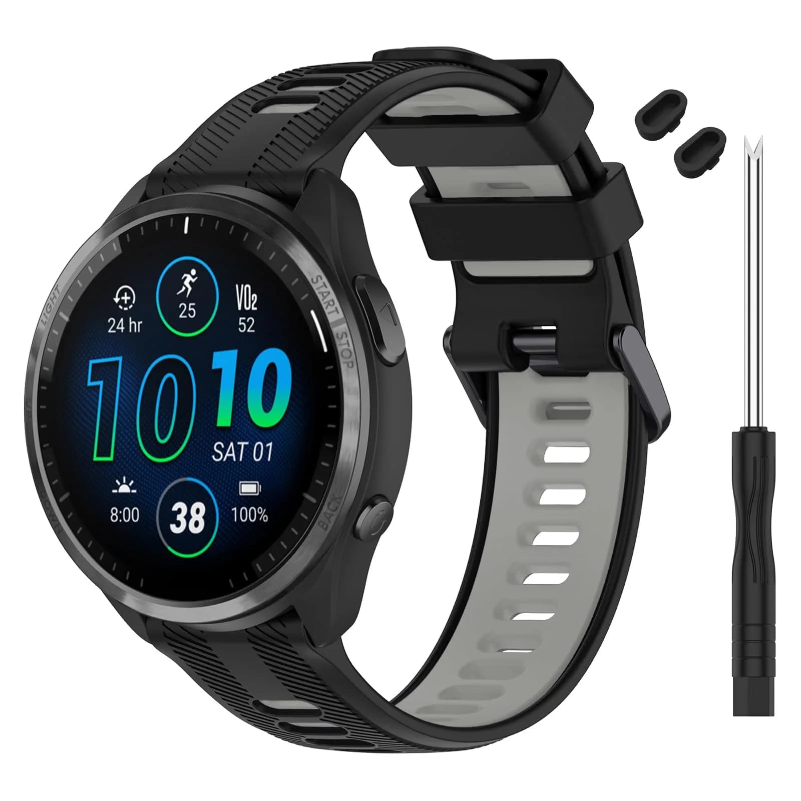 TopPerfekt Silicone Watch Band Compatible with Garmin Forerunner 965/955/935/Fenix 7/6/5 Series 22mm | Breathable & Lightweight — Black - Grey