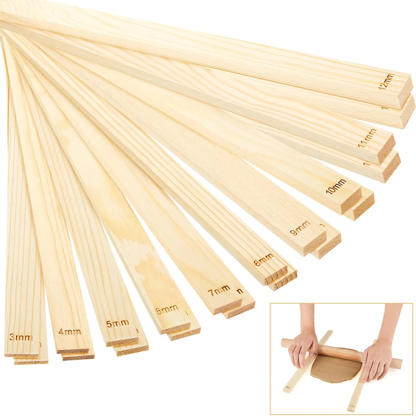 Sasylvia 20 Pcs Wood Clay Rolling Pin Guides, 10 Sizes, 34cm (13.4in) | Flat Clay Rolling Tools for Sculpting
