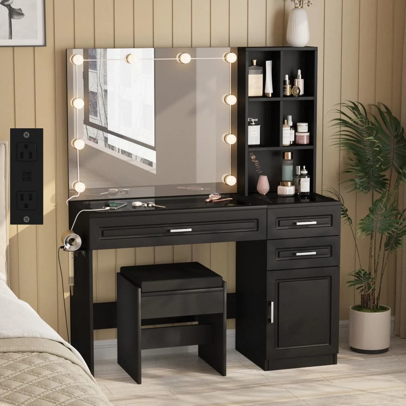 Fameill Large Makeup Vanity Desk with Lighted Mirror & Power Strip, Black | Modern Bedroom Furniture with 3 Drawers & Tempered Glass - main product image