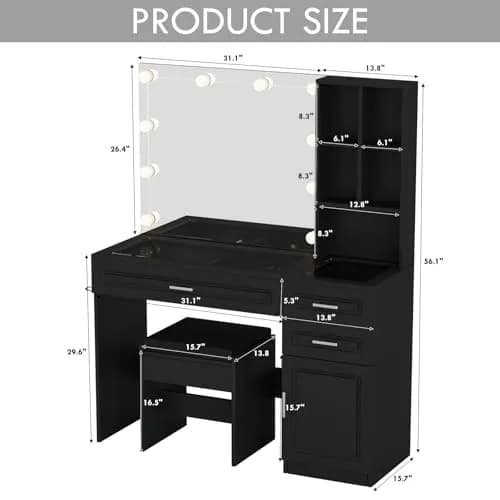 Fameill Large Makeup Vanity Desk with Lighted Mirror & Power Strip, Black | Modern Bedroom Furniture with 3 Drawers & Tempered Glass thumbnail 4