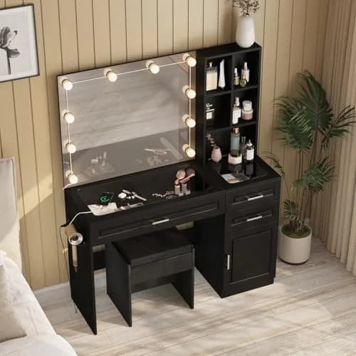 Fameill Large Makeup Vanity Desk with Lighted Mirror & Power Strip, Black | Modern Bedroom Furniture with 3 Drawers & Tempered Glass thumbnail 8