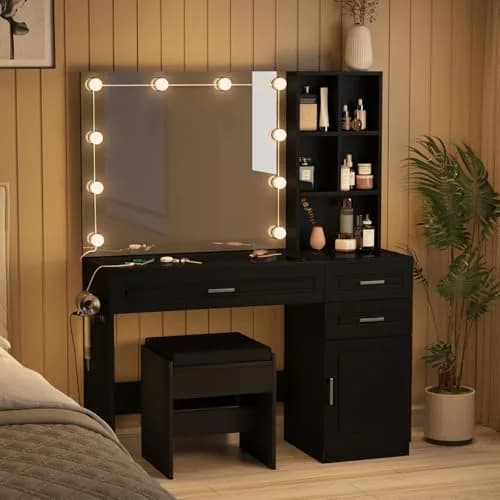 Fameill Large Makeup Vanity Desk with Lighted Mirror & Power Strip, Black | Modern Bedroom Furniture with 3 Drawers & Tempered Glass thumbnail 9