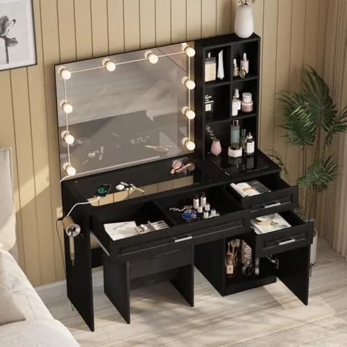 Fameill Large Makeup Vanity Desk with Lighted Mirror & Power Strip, Black | Modern Bedroom Furniture with 3 Drawers & Tempered Glass thumbnail 3