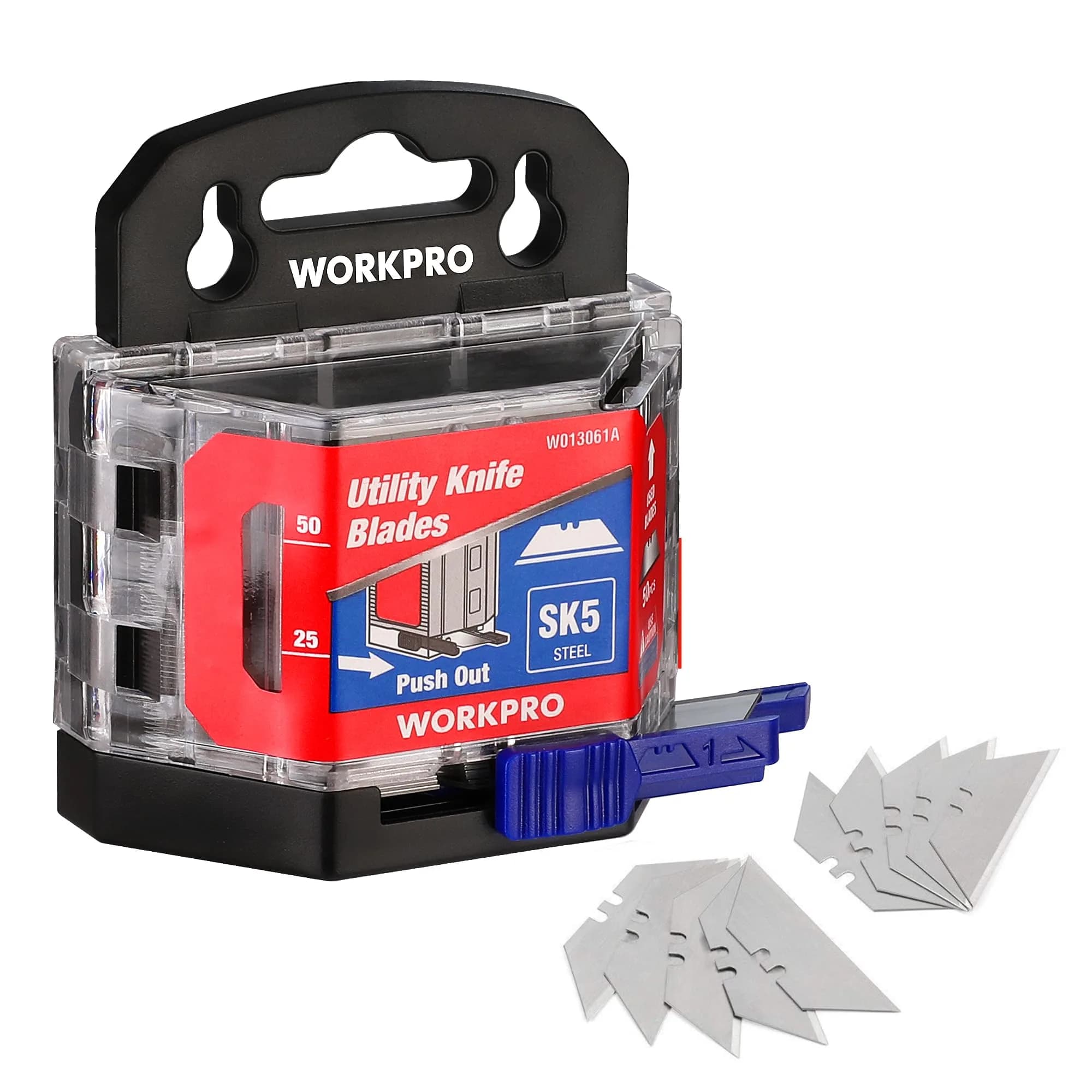 WORKPRO Utility Knife Blades 50 Pack with Dispenser | SK5 Steel Replacement Blades for DIY & Professional Use