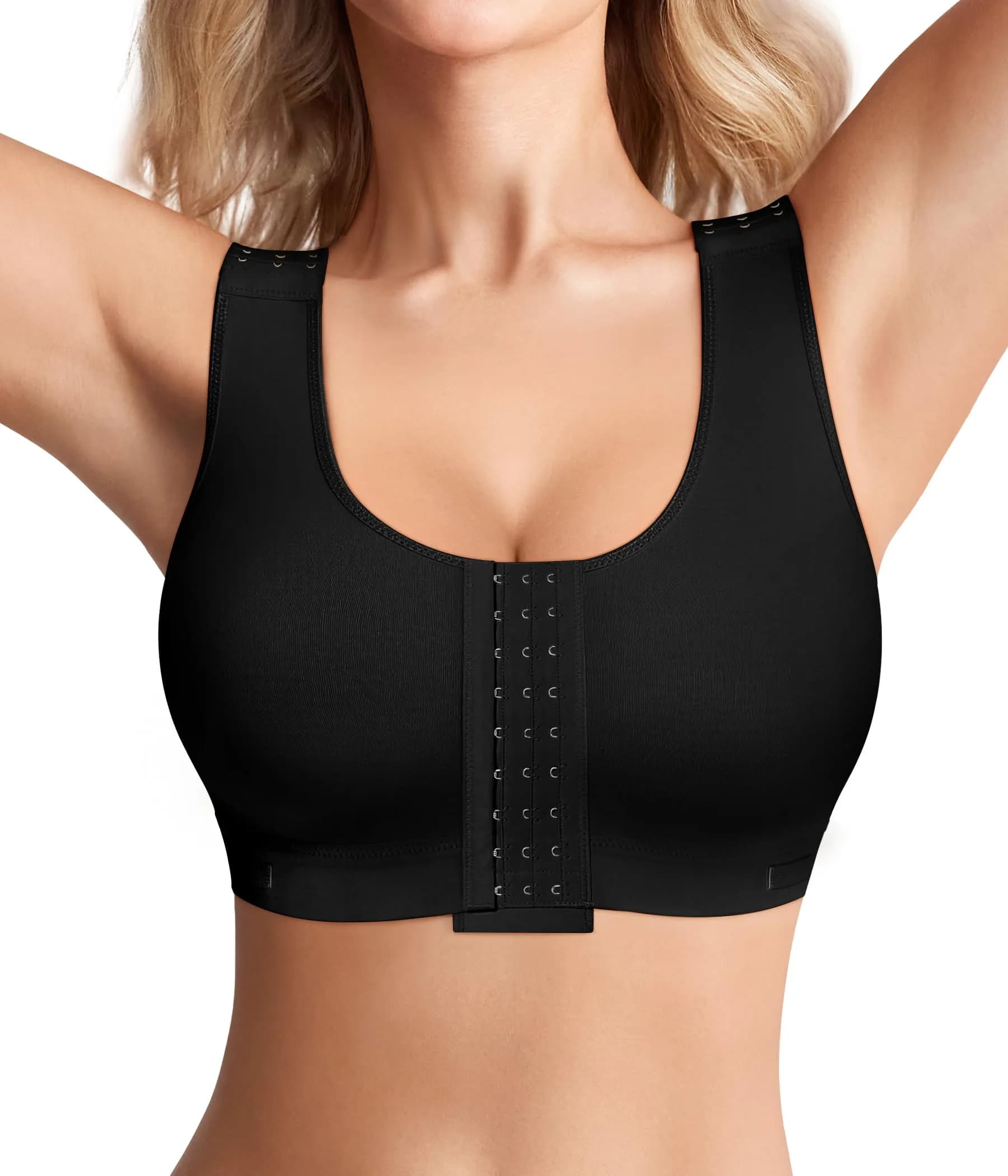 BRABIC Women's Post Surgery Compression Bra with Front Closure & Adjustable Straps for Mastectomy Recovery, Beige Medium | Full Coverage — Black