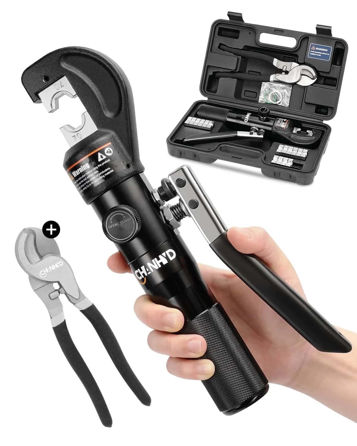 CHANHYD Hydraulic Wire Battery Cable Lug Terminal Crimper with 9 Dies for 12 AWG to 2/0 Electrical Terminal Cables | 8 US Ton Force — Crimping tool with cutter