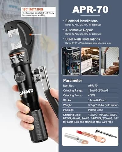 CHANHYD Hydraulic Crimping Tool and Cable Cutter, 10 Tons, 12 AWG to 00 (2/0) | 9 Dies Included thumbnail 4