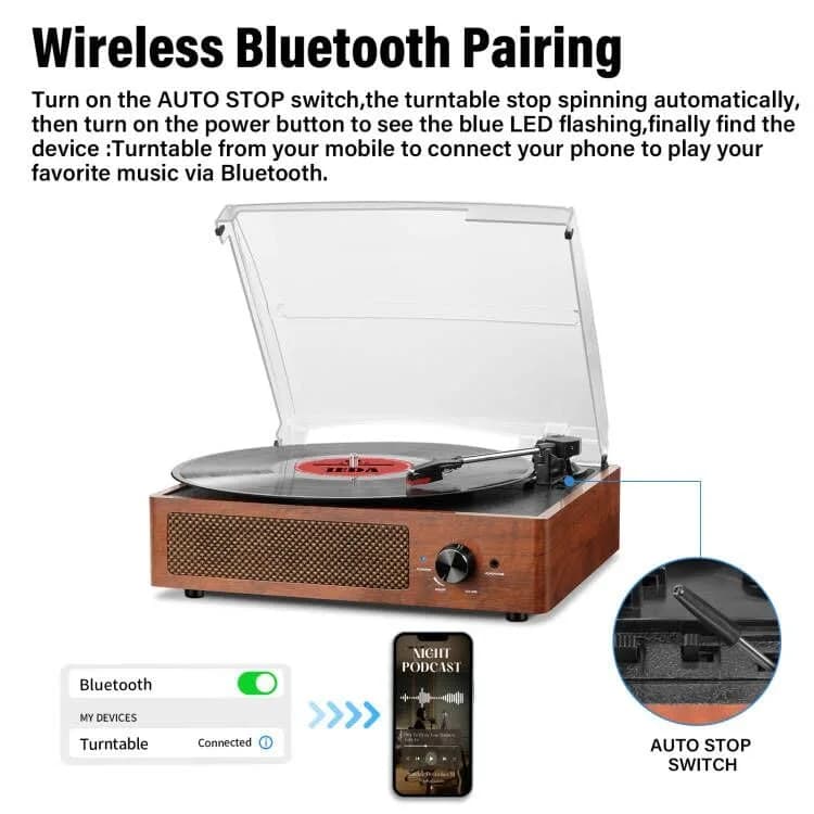 cotsoco Vinyl Record Player Turntable with Bluetooth & 2 Speakers | 3 Speed Portable Retro thumbnail 3