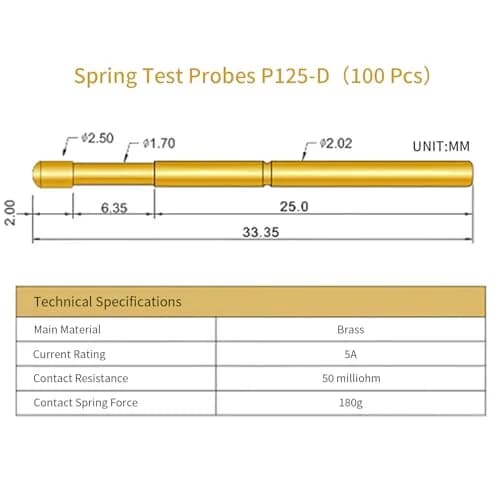 BORDSTRACT P125-D Spring Test Probes 100Pcs (2.02mm Needle Dia, 33.35mm Length) | High Accuracy Round Pogo Pins for PCB Testing thumbnail 3