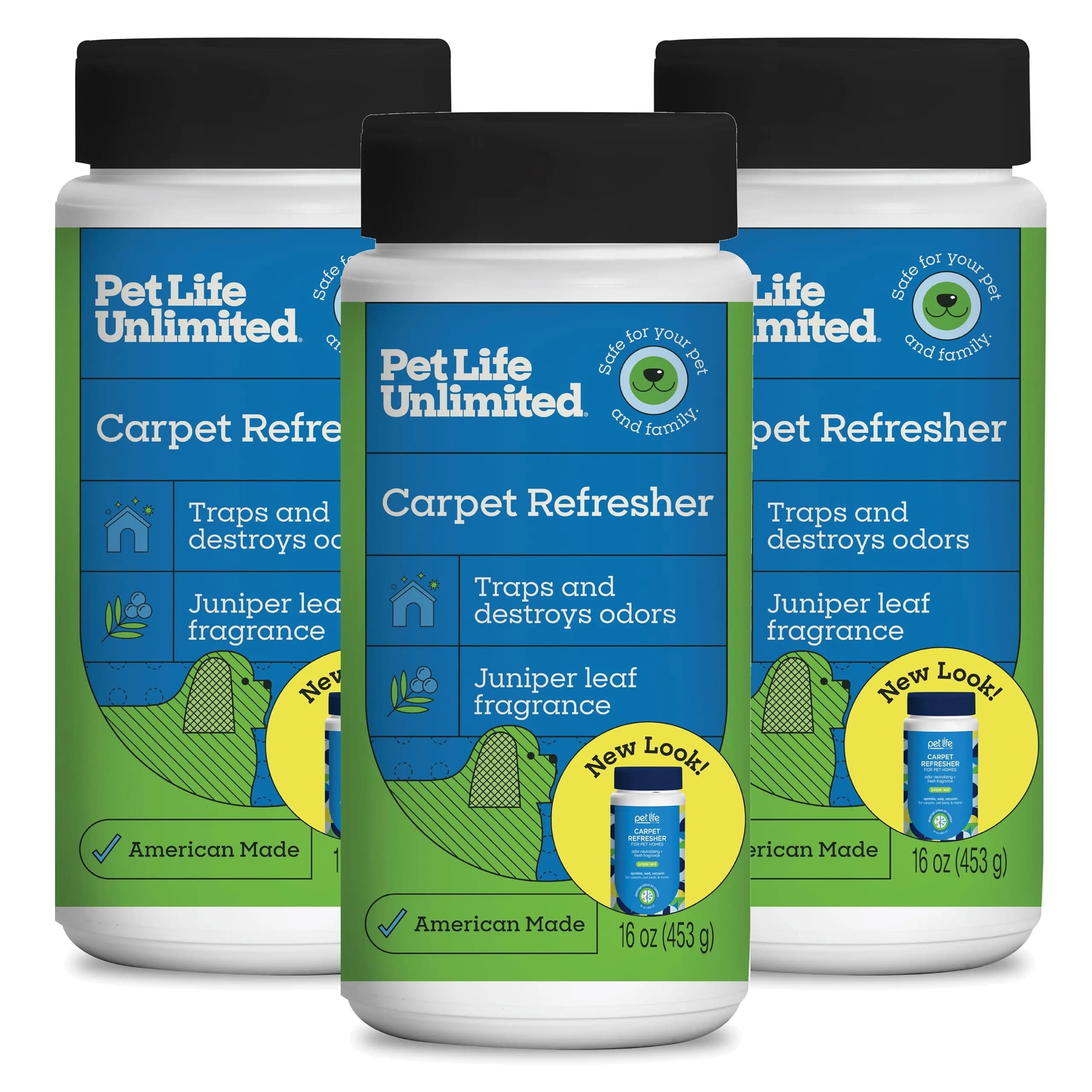 Pet Life Unlimited Carpet Deodorizer Powder Juniper Leaf Scent 1.36 kg (48 oz Pack of 3) | Plant-Based Odor Eliminator for Homes with Pets
