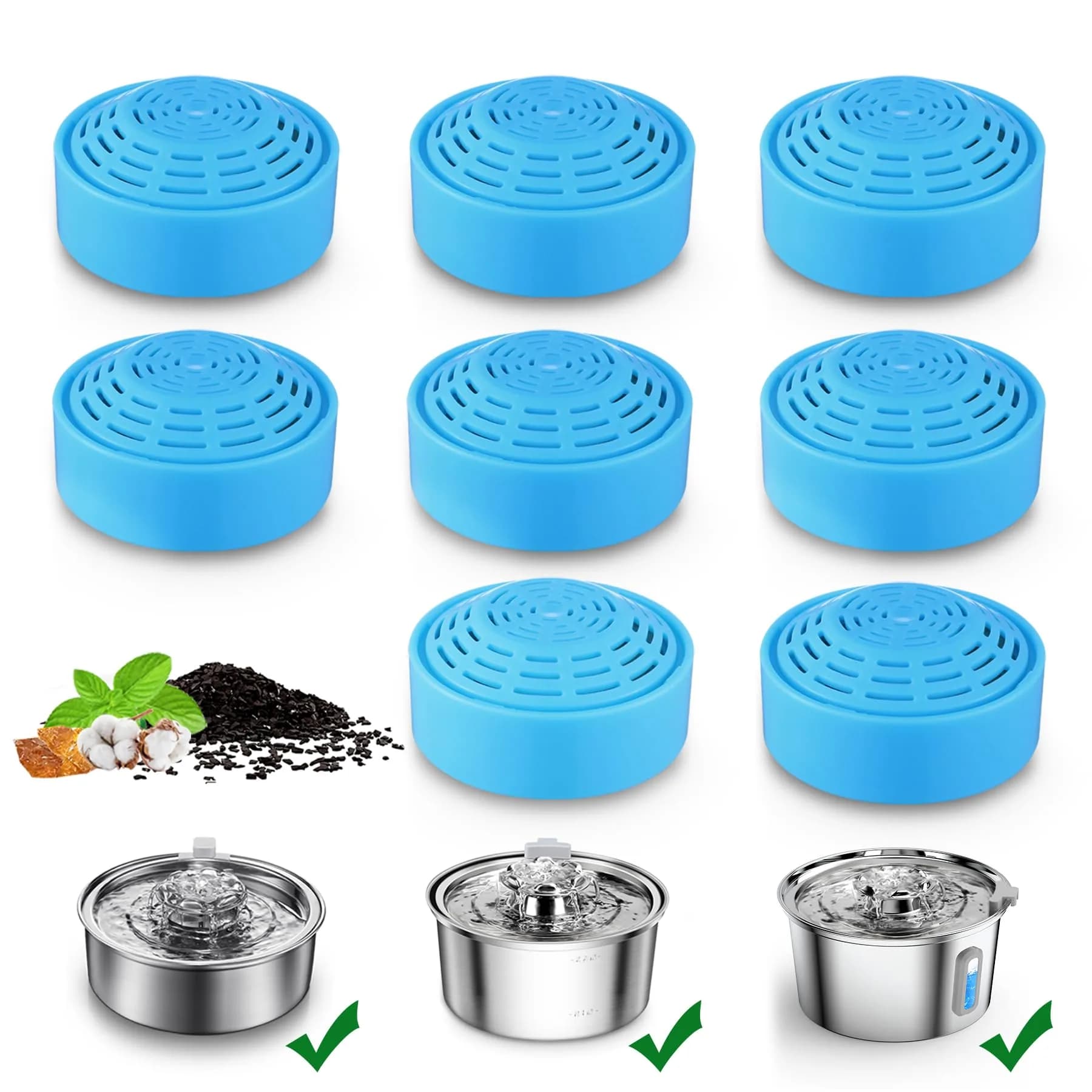 OYES Cat Water Fountain Replacement Filters (8 Pack) | Activated Carbon Ion-Exchange Resin, Compatible with 2.0L/67oz Round Stainless Steel Pet Fountain