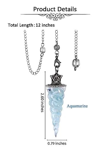 Jovivi Natural Aquamarine Crystal Pendulum for Divination Dowsing, 52mm (2.05") Cone Pointed Pendant with 9" Chain, Resin Chip Stones Healing Reiki Chakra Gemstone thumbnail 5