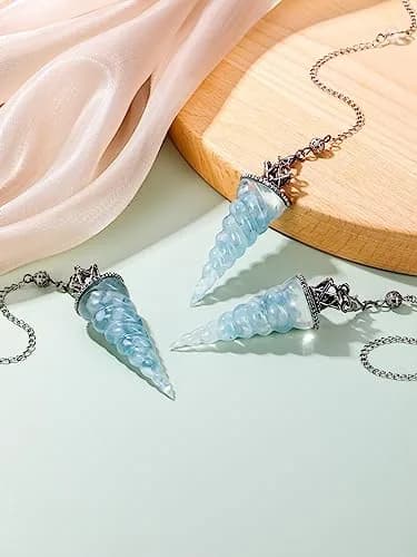 Jovivi Natural Aquamarine Crystal Pendulum for Divination Dowsing, 52mm (2.05") Cone Pointed Pendant with 9" Chain, Resin Chip Stones Healing Reiki Chakra Gemstone thumbnail 4